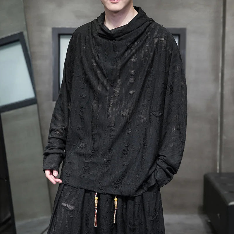 Men's Gray Distressed Long-Sleeve Cowl-Neck Shirt
