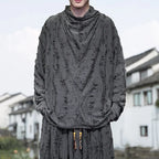 Men's Gray Distressed Long-Sleeve Cowl-Neck Shirt