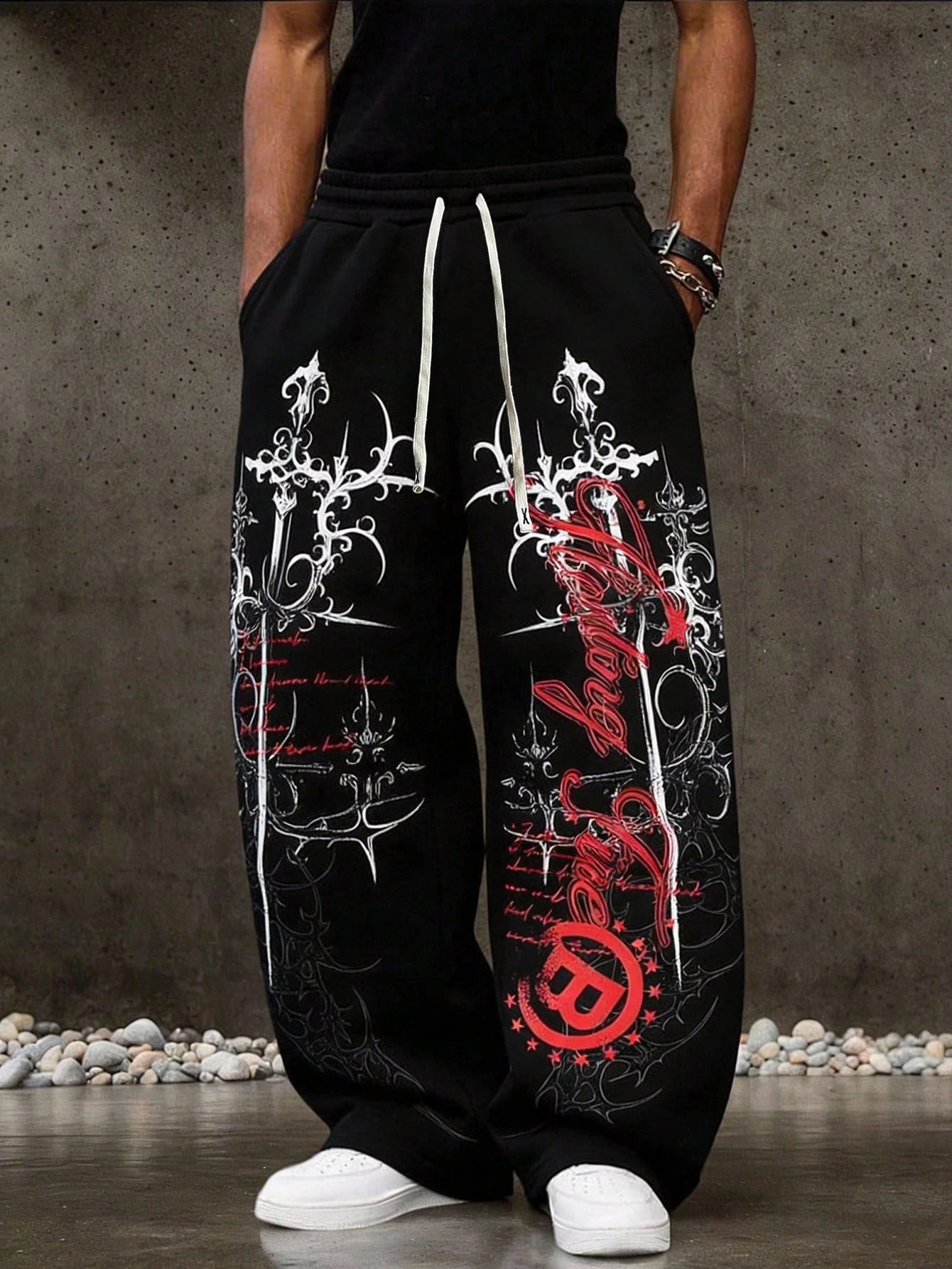 Black Graphic Print Elastic-Waist Pants