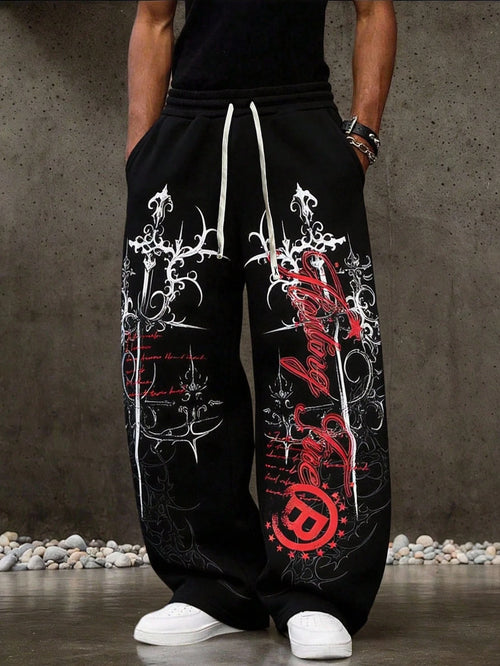 Black Graphic Print Elastic-Waist Pants
