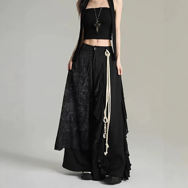 Black Patchwork Wide-Leg Pants with Layered Panels