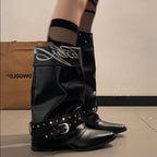 Black Pointed-Toe Buckle Strap Knee-High Boots