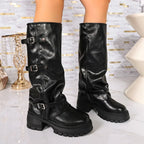 Women's Knee-High Platform Boots with Multi-Buckle Straps