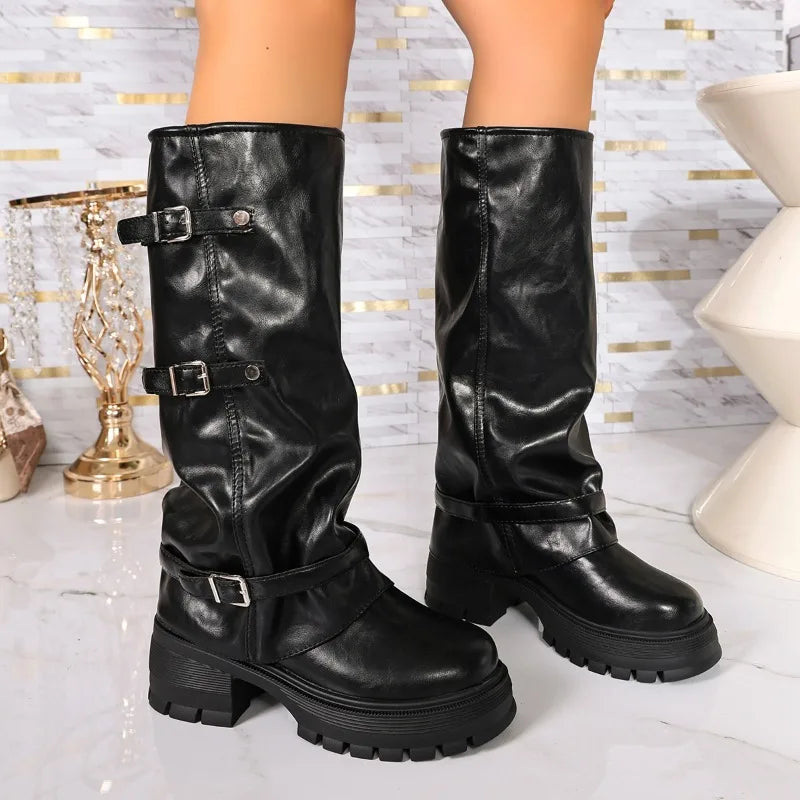 Women's Knee-High Platform Boots with Multi-Buckle Straps