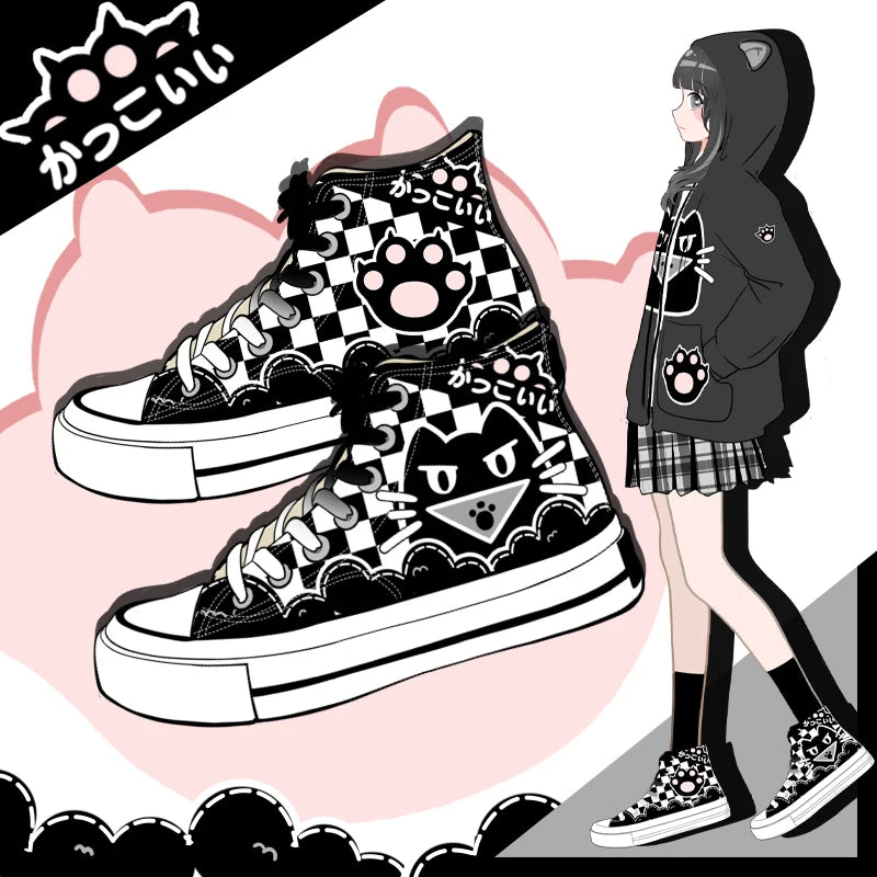 Grunge Black-and-White Cat Print High-Top Canvas Sneakers