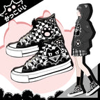 Grunge Black-and-White Cat Print High-Top Canvas Sneakers