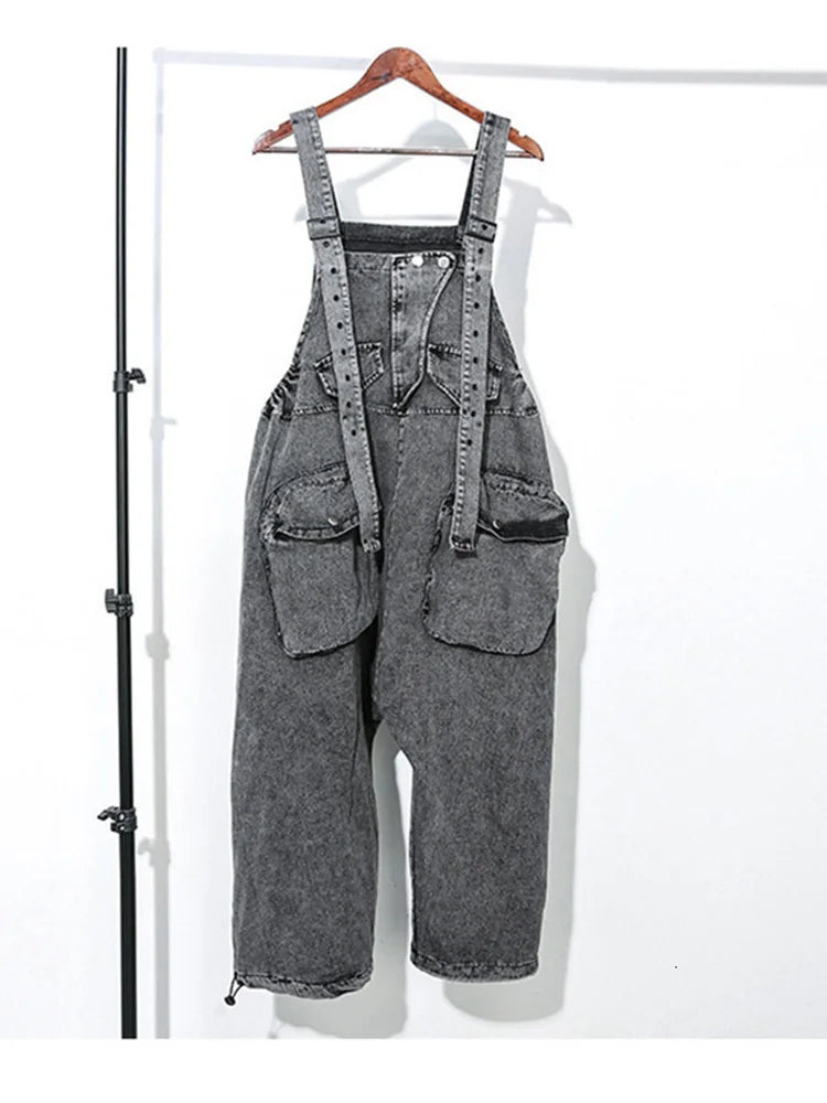 Women's Black Denim Bib Overalls - Loose Wide Leg
