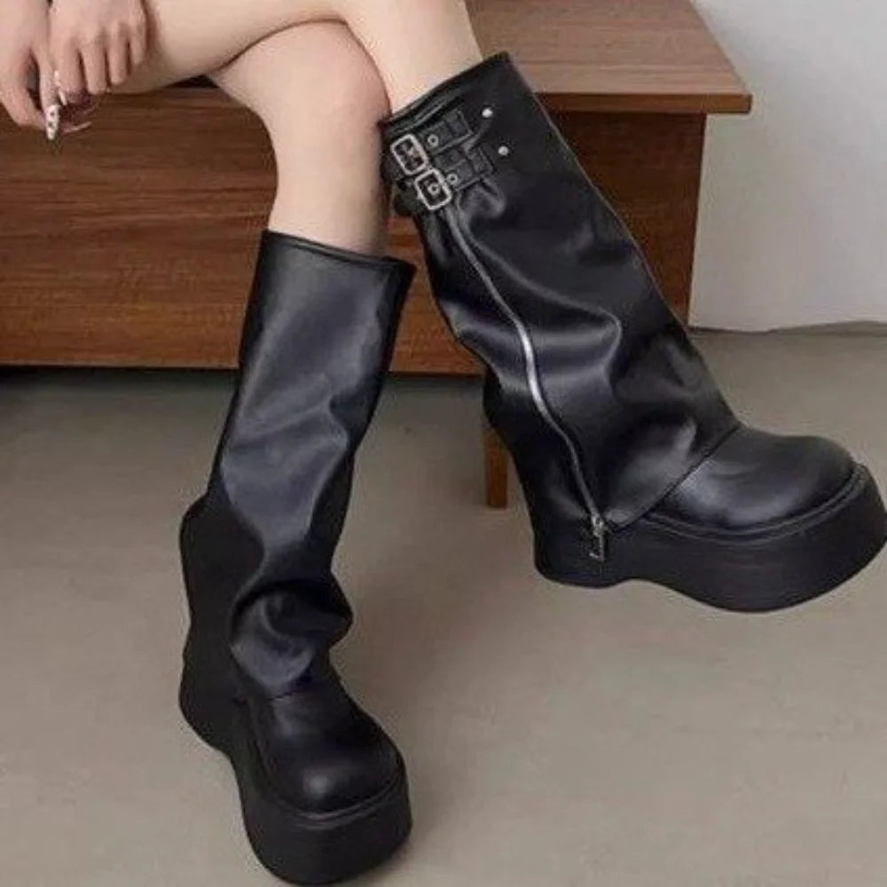 Black Platform Knee-High Boots with Buckle Details
