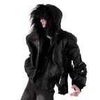 Black Faux Leather Hooded Jacket with Faux-Fur Trim