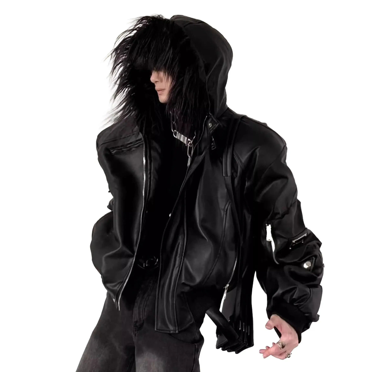 Black Faux Leather Hooded Jacket with Faux-Fur Trim