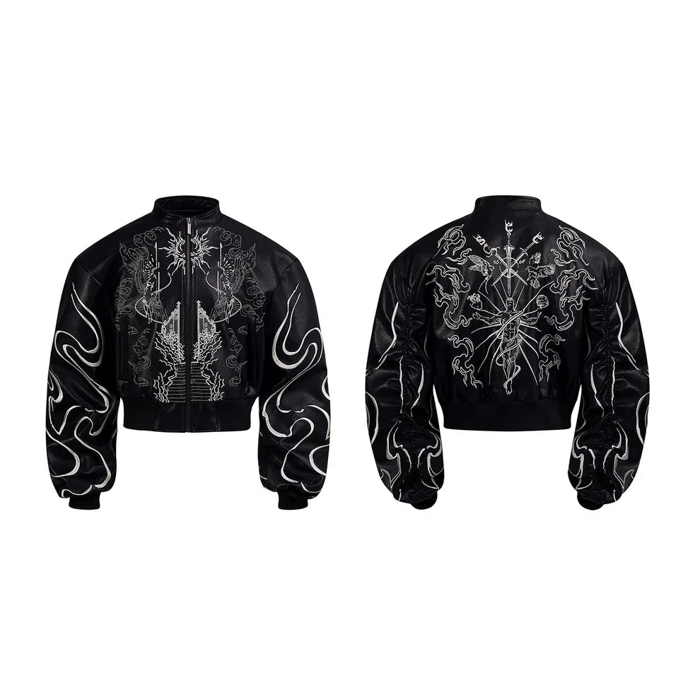 Men’s Black Embroidered PU Leather Jacket