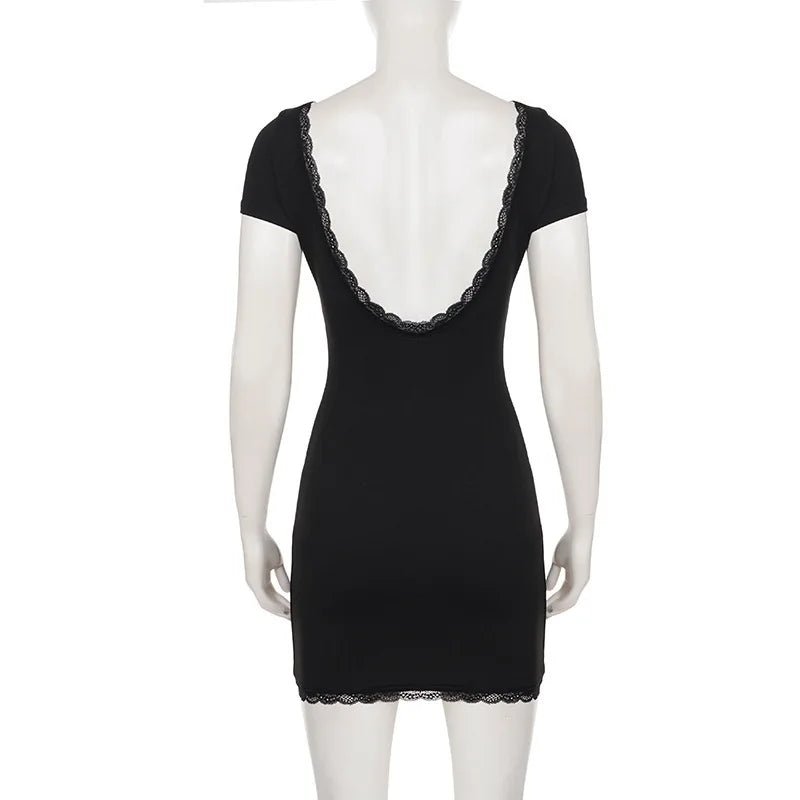 Black Lace-Trim Open-Back Mini Dress