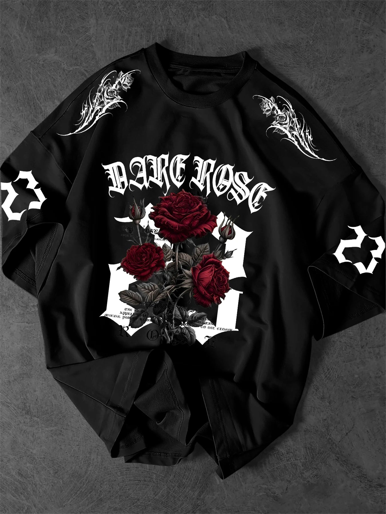Black Oversized Graphic T-Shirt with Rose Print