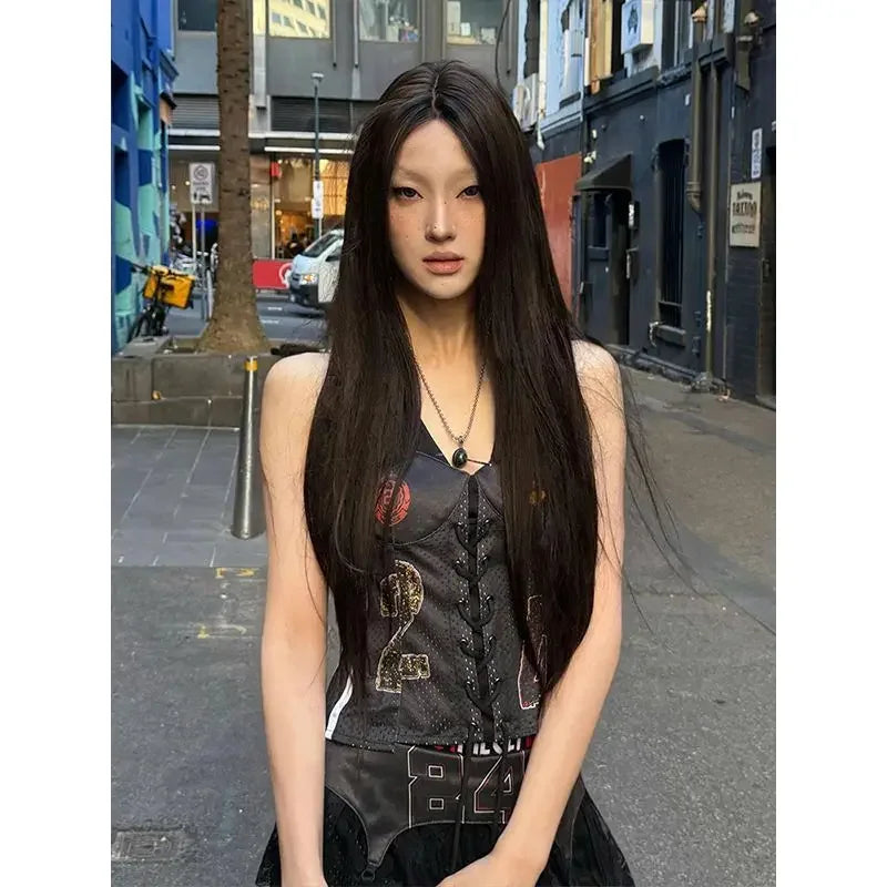 Grunge Black Lace-Up Cami Top
