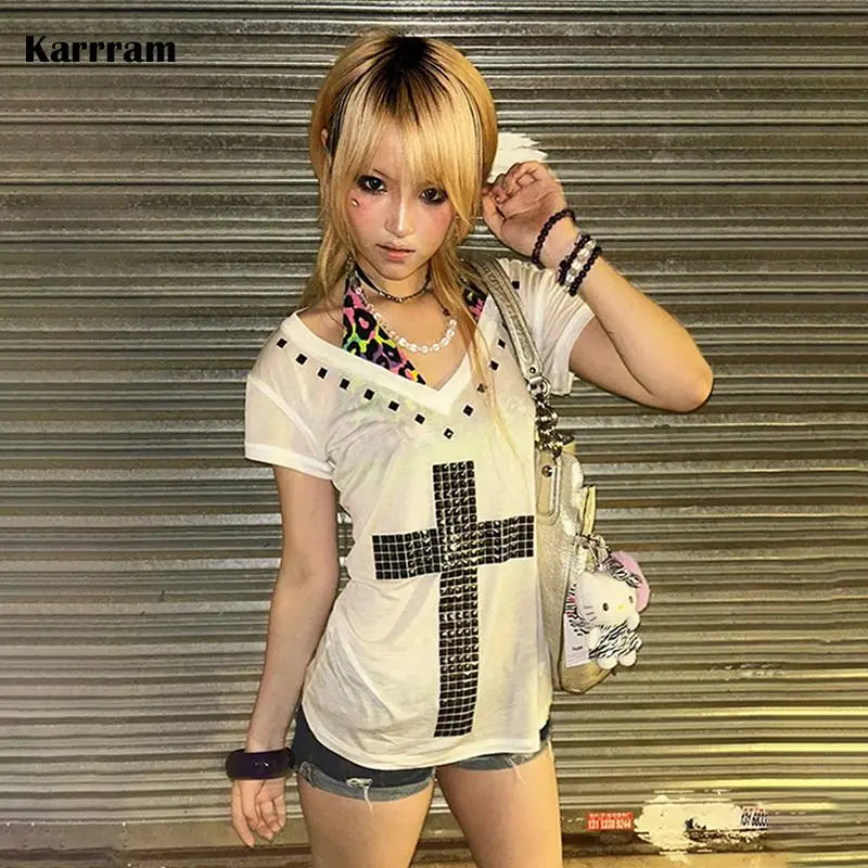 Women's Sheer V-Neck Cross Print T-Shirt