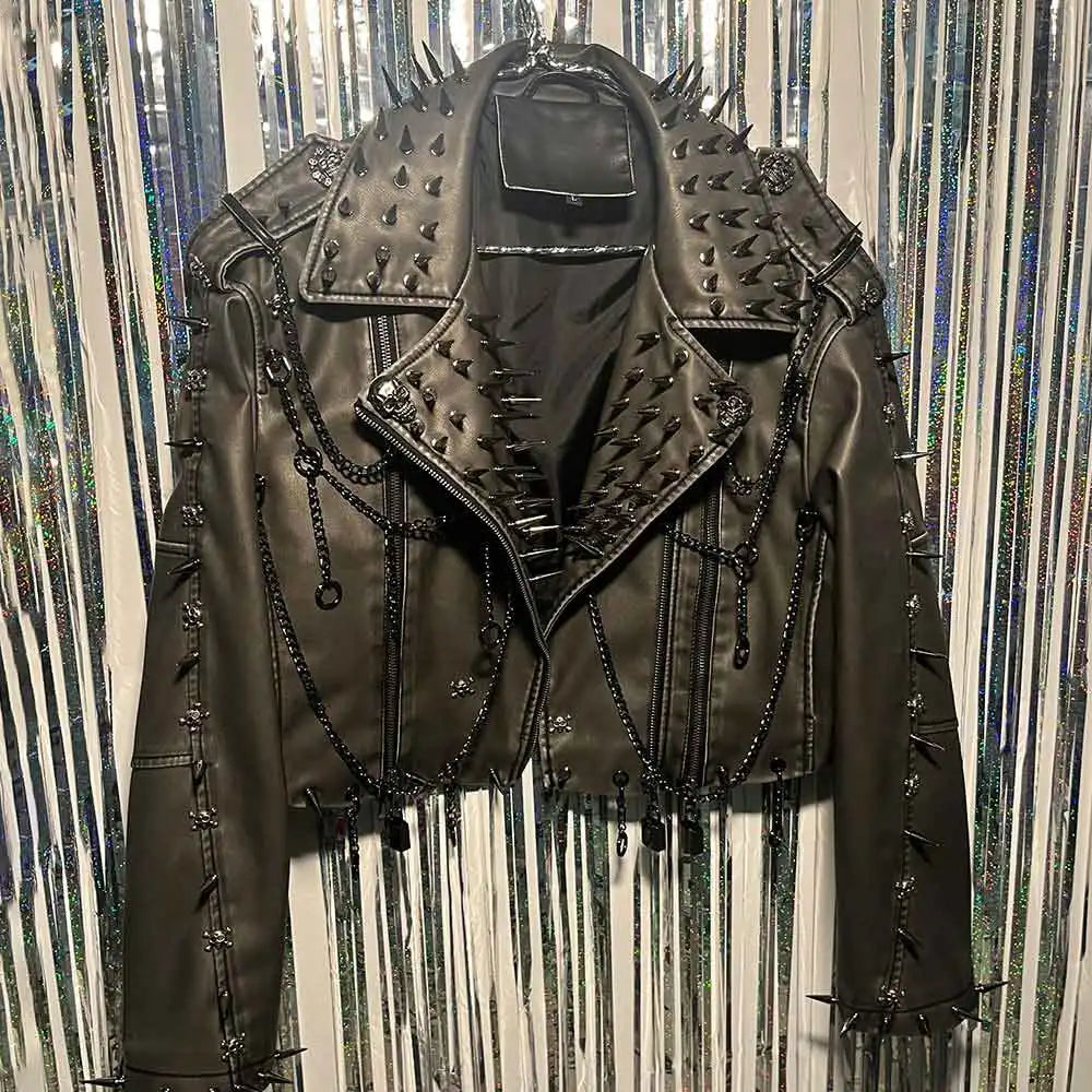 Women's Gray PU Leather Spiked Jacket