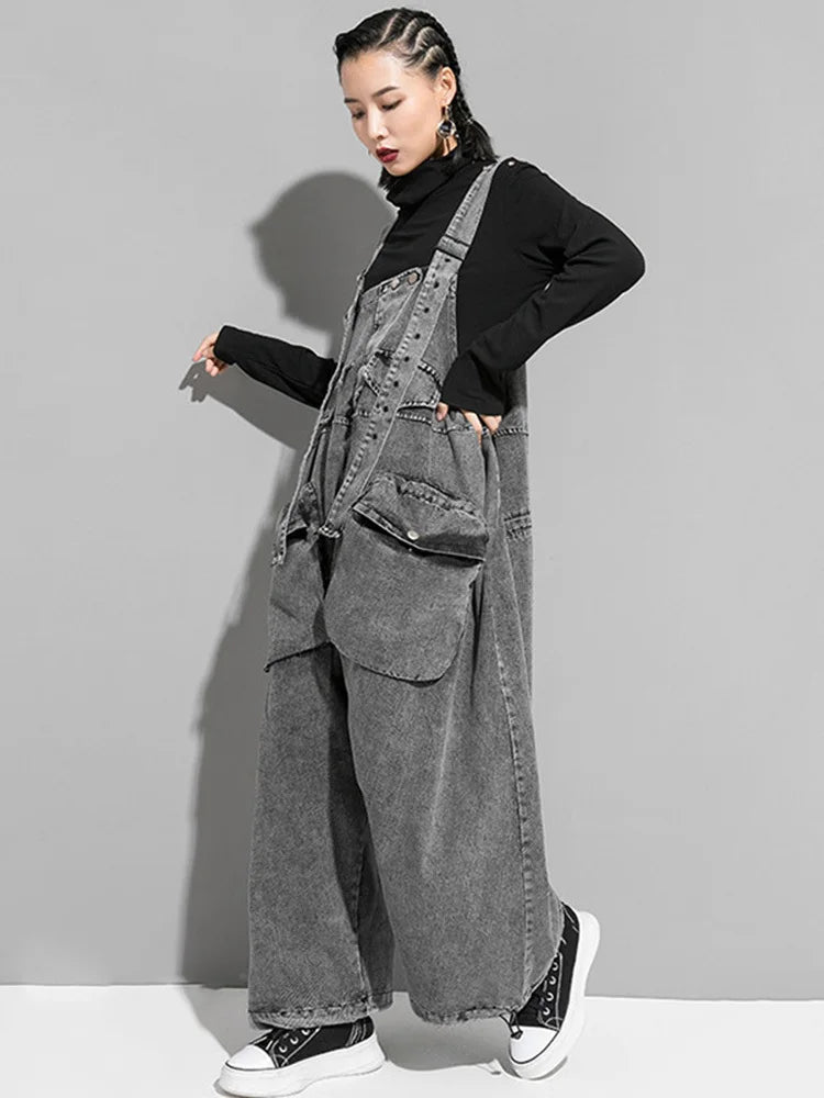 Women's Black Denim Bib Overalls - Loose Wide Leg