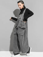 Women's Black Denim Bib Overalls - Loose Wide Leg