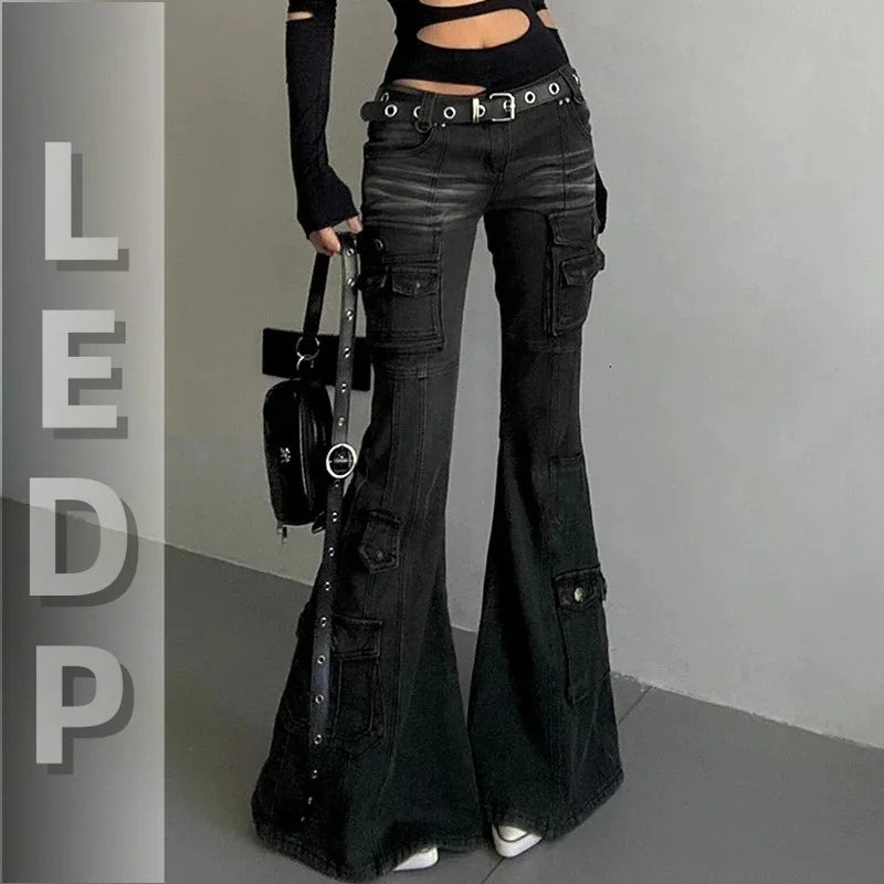 Grunge Black Cargo Flare Jeans