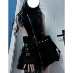 Women’s Black Sleeveless Zip Dress with Tiered Ruffle Skirt