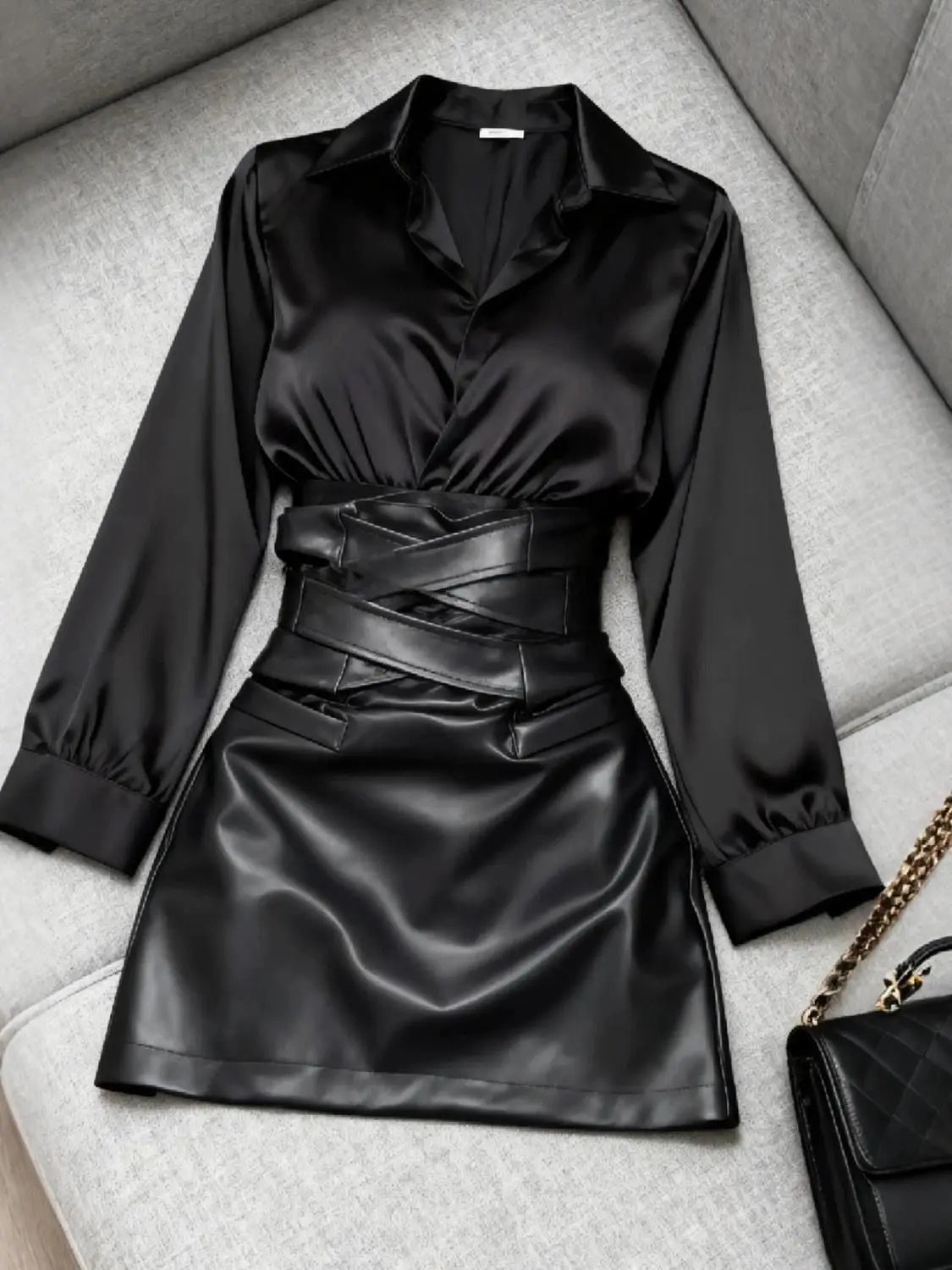 Women's Black Long-Sleeve Wrap-Waist Dress