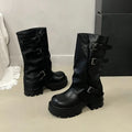 Women's Black Platform Buckle Mid-Calf Boots