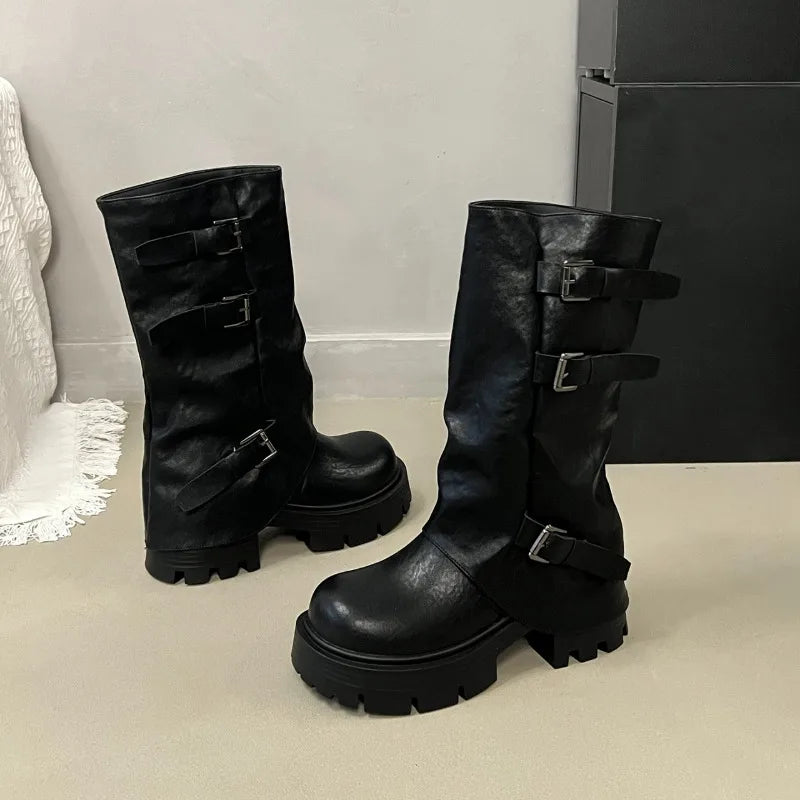 Women's Black Platform Buckle Mid-Calf Boots