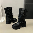 Women's Brown Platform Buckle Mid-Calf Boots