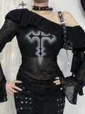 Women's Black Gothic Graphic Off-Shoulder Flare-Sleeve Top