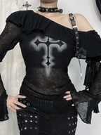 Women's Black Gothic Graphic Off-Shoulder Flare-Sleeve Top
