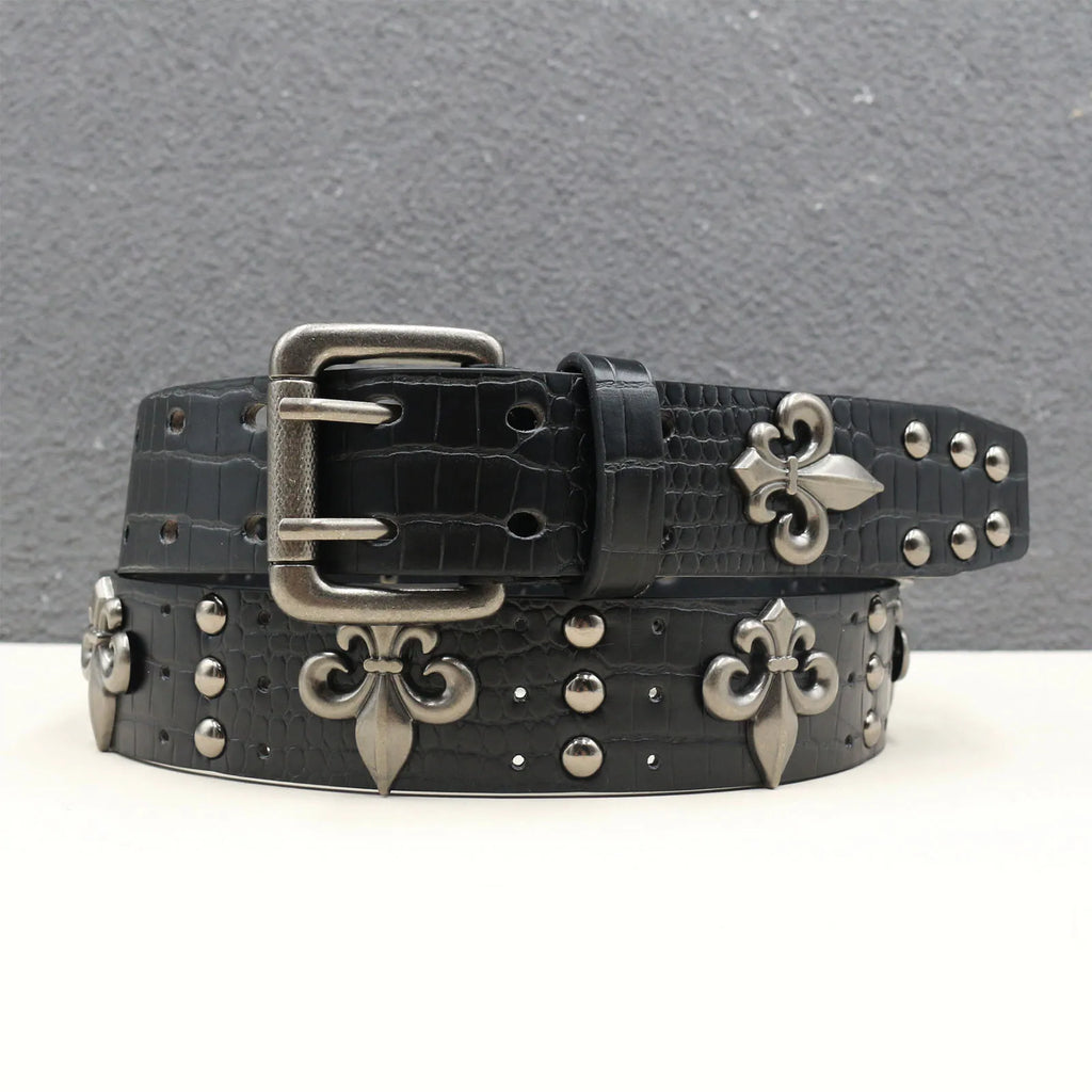 Crocodile-Embossed PU Belt with Fleur-de-Lis Rivets and Double Buckle