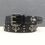 Crocodile-Embossed PU Belt with Fleur-de-Lis Rivets and Double Buckle