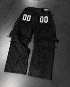 Men's Black Patchwork Embroidered Zipper-Panel Baggy Jeans
