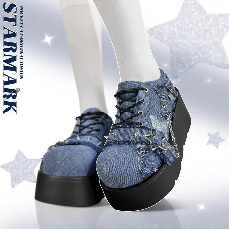 Star-Print Platform Ankle Boots with Chain Detail