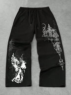 Graphic Print Wide-Leg Drawstring Pants
