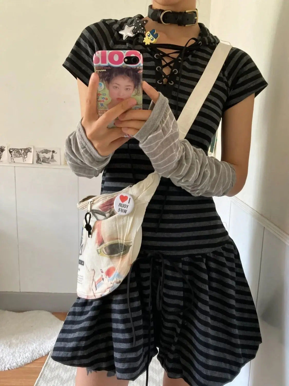 Women’s Black and Gray Striped Lace-Up Short-Sleeve Dress
