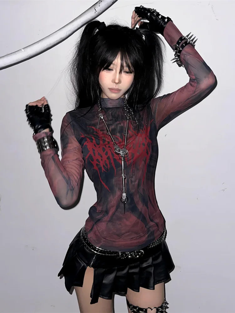 Women's Gothic Sheer Mesh Long-Sleeve Top with Red Graphic Print