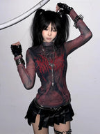 Women's Gothic Sheer Mesh Long-Sleeve Top with Red Graphic Print