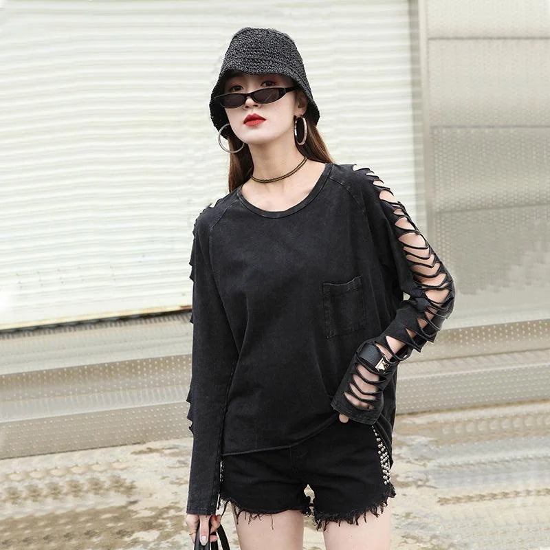 Black Distressed Long-Sleeve Top with Cutout Sleeves