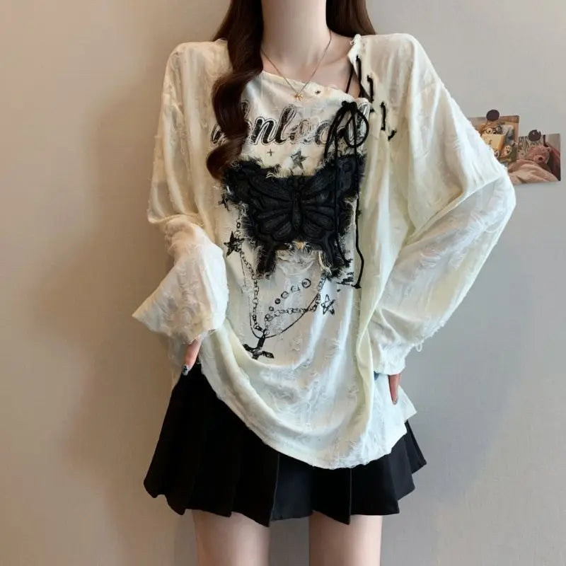 Women's Butterfly Graphic Lace-Up Long-Sleeve Top