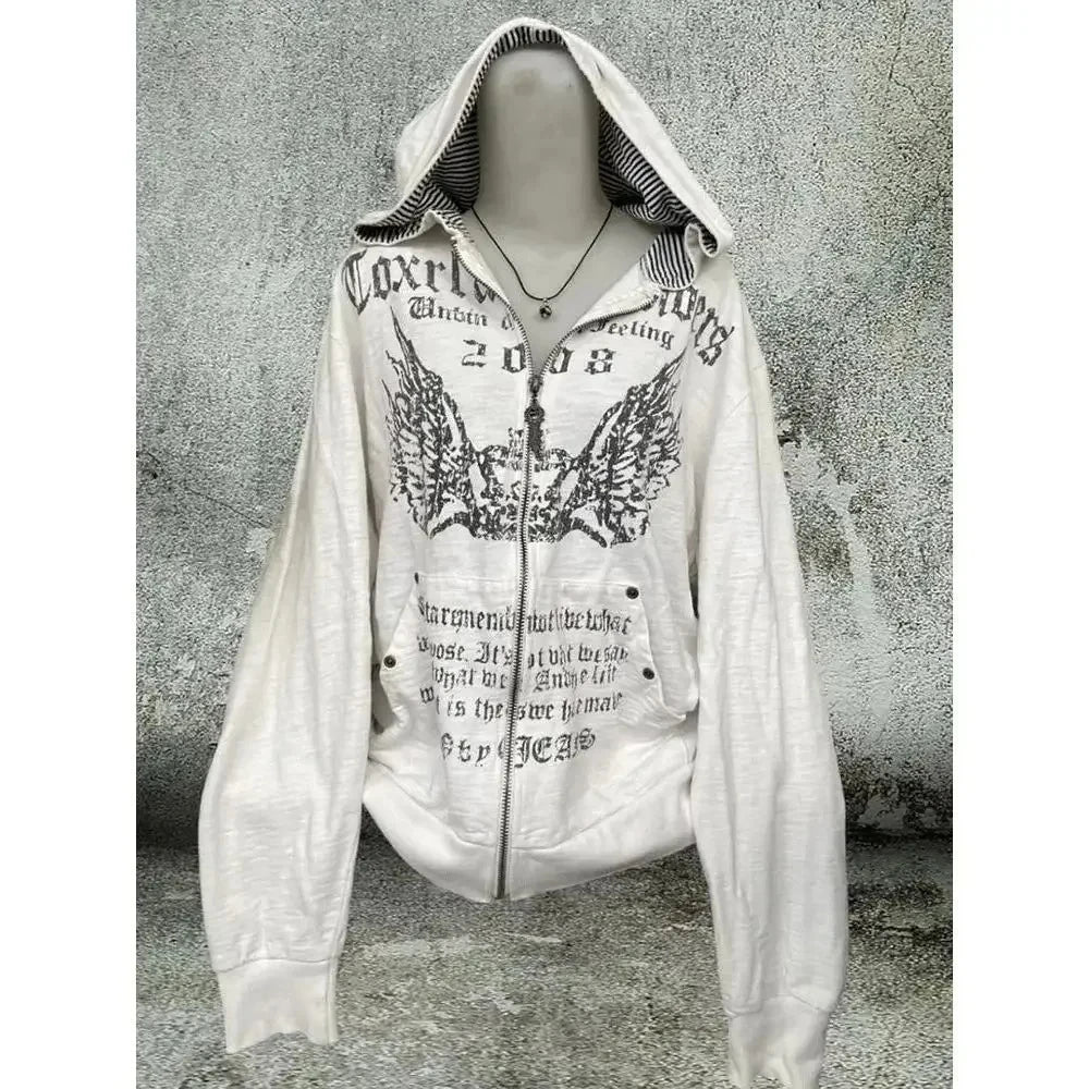 Faux Fur American Vintage Coats with Hooded Women's Y2K Sweatshirts Gothic Harajuku Subculture Punk Emo Sweatshirts and Jacket