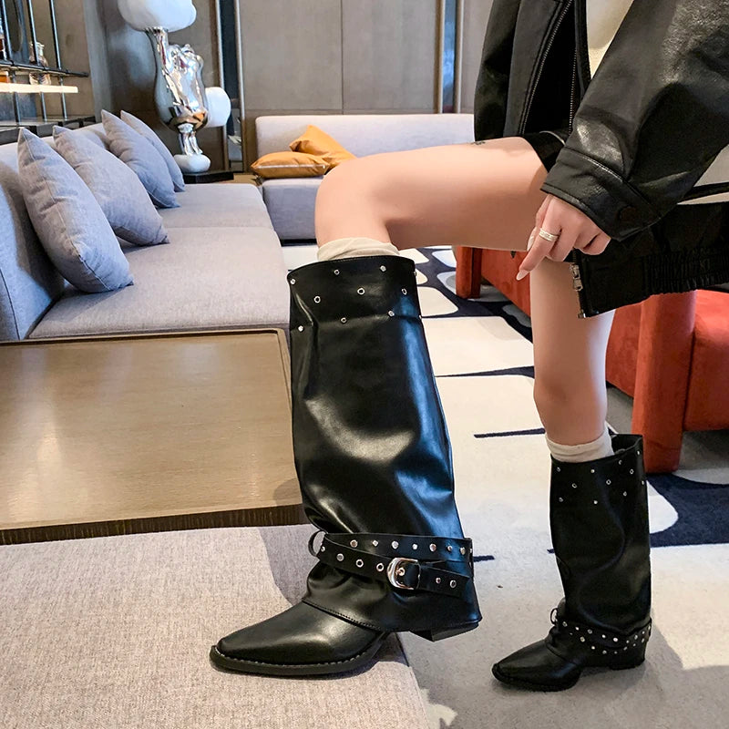 Black Pointed-Toe Buckle Strap Knee-High Boots