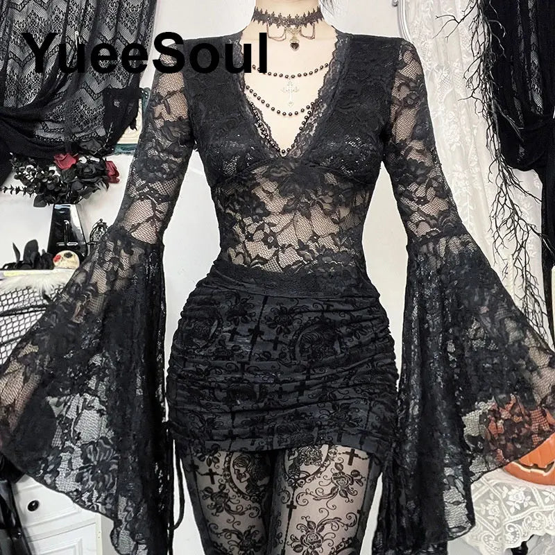 Women's Black Lace-Panel Long-Sleeve Top