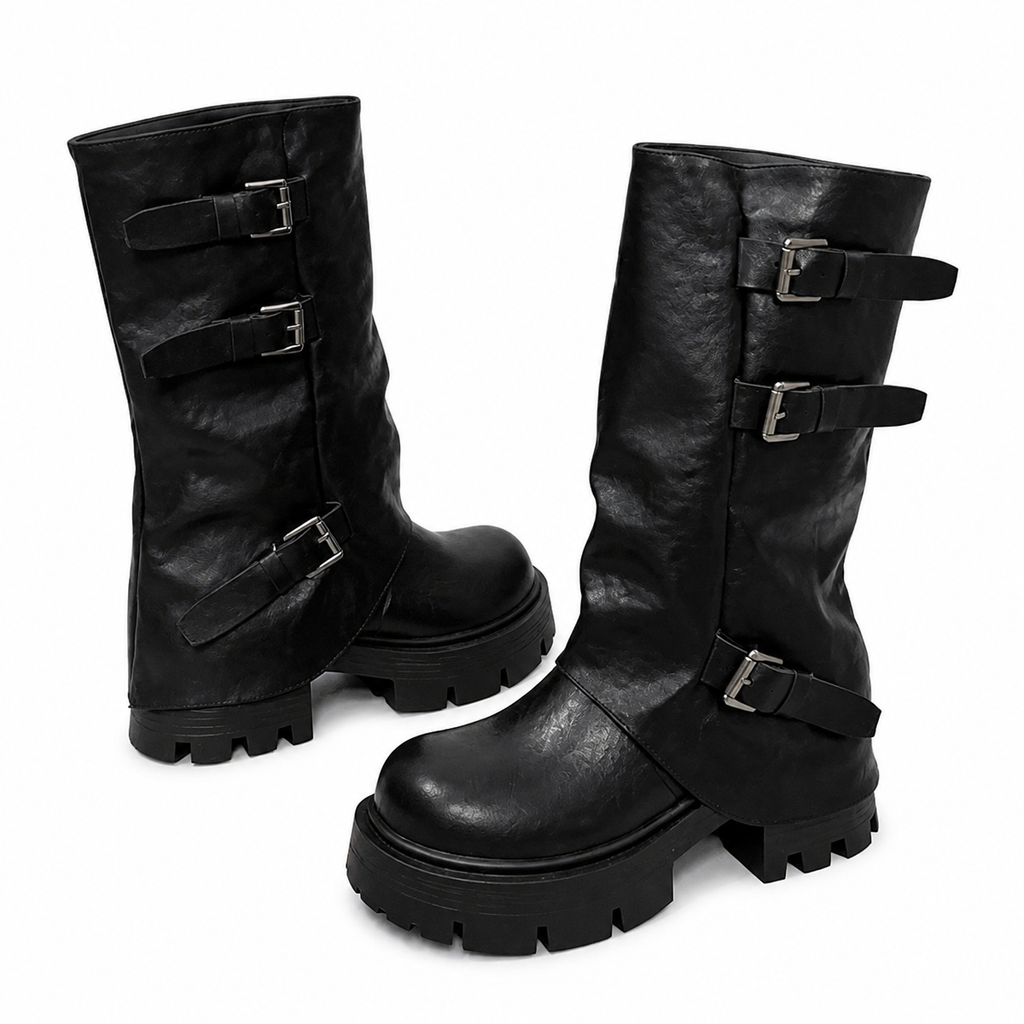 Grunge Black Mid-Calf Platform Boots with Buckle Straps