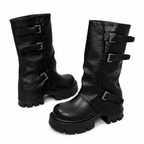 Grunge Black Mid-Calf Platform Boots with Buckle Straps