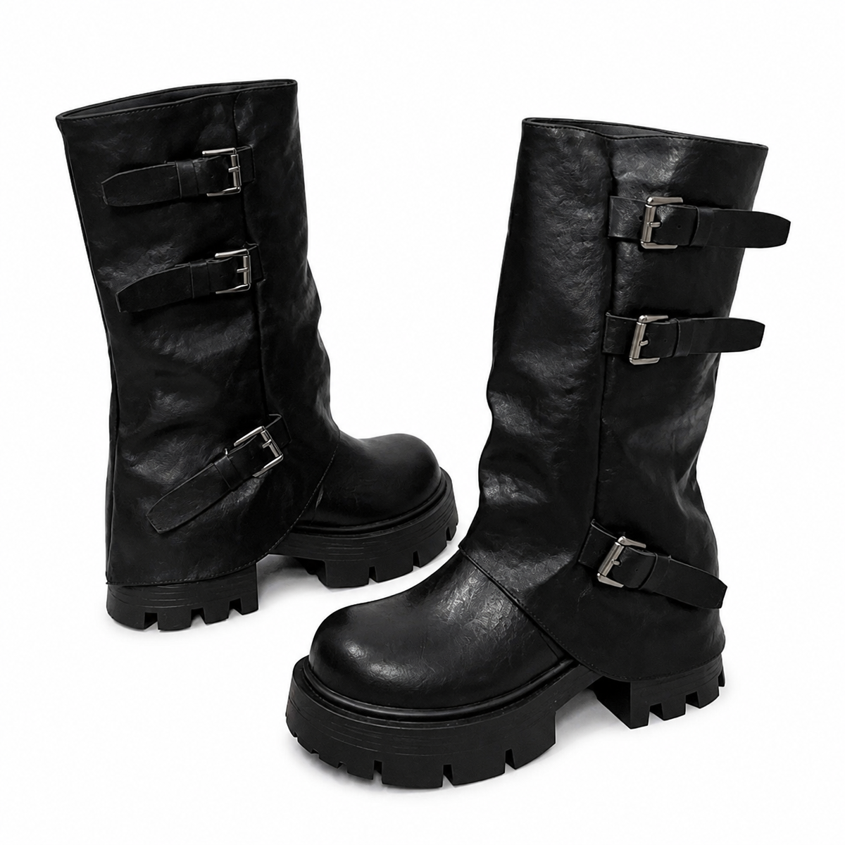 Grunge Black Mid-Calf Platform Boots with Buckle Straps