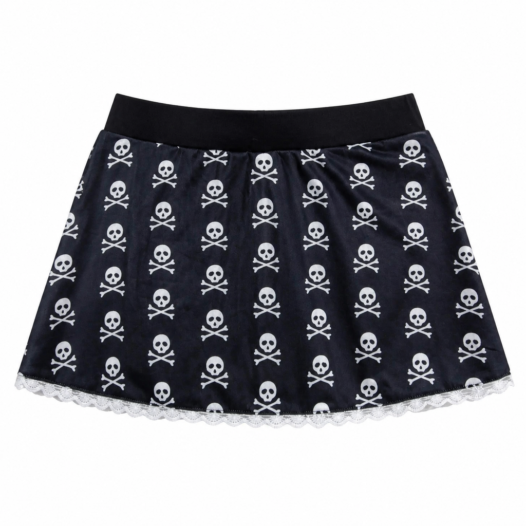 Grunge Skull Print Mini Skirt with Lace Trim