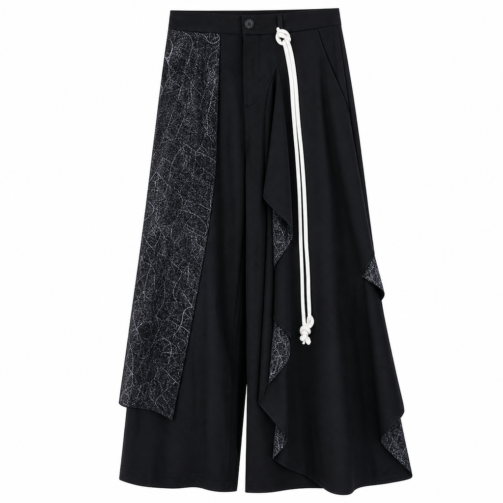 Black Patchwork Wide-Leg Pants with Layered Panels