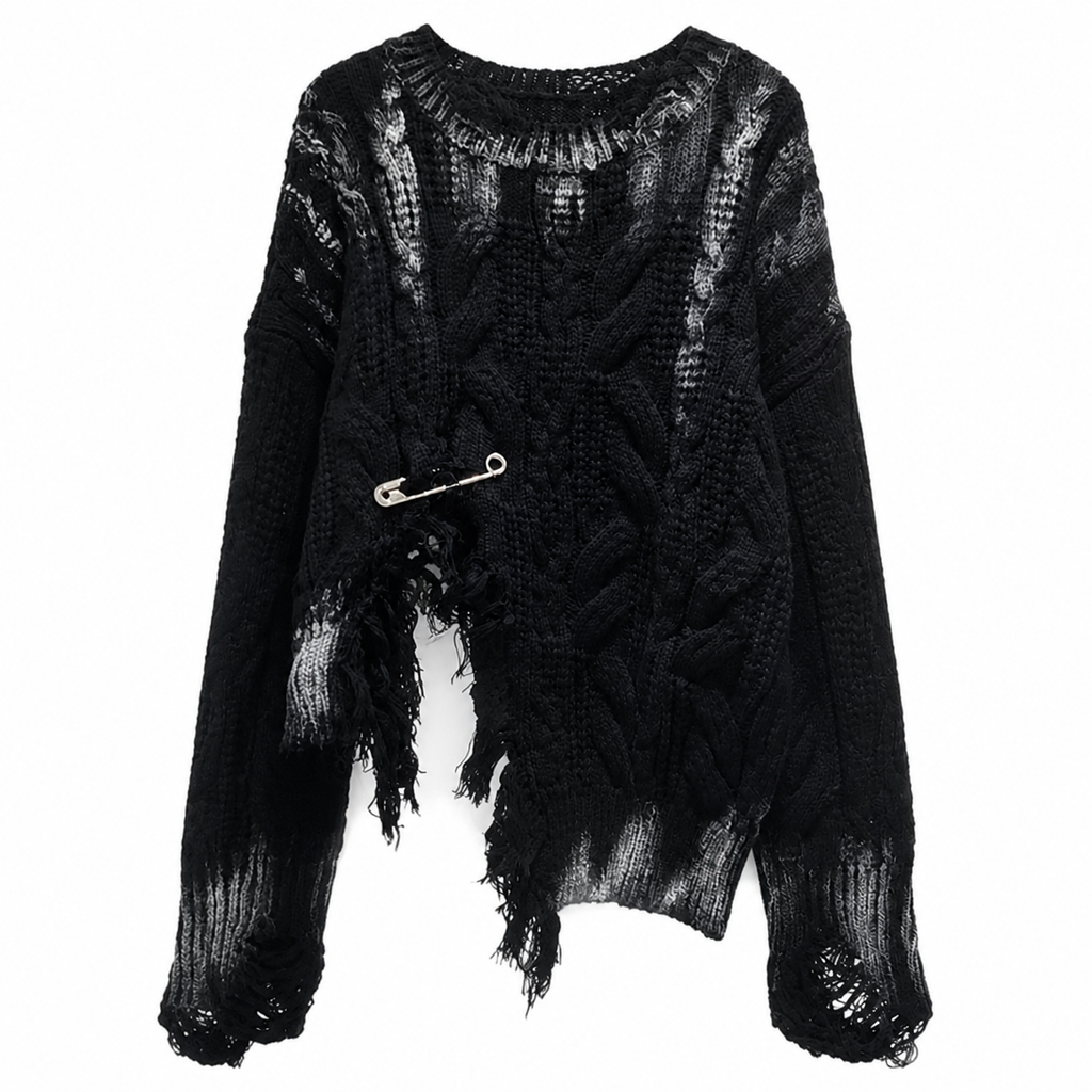 Women's Grunge Distressed Cable-Knit Pullover Sweater