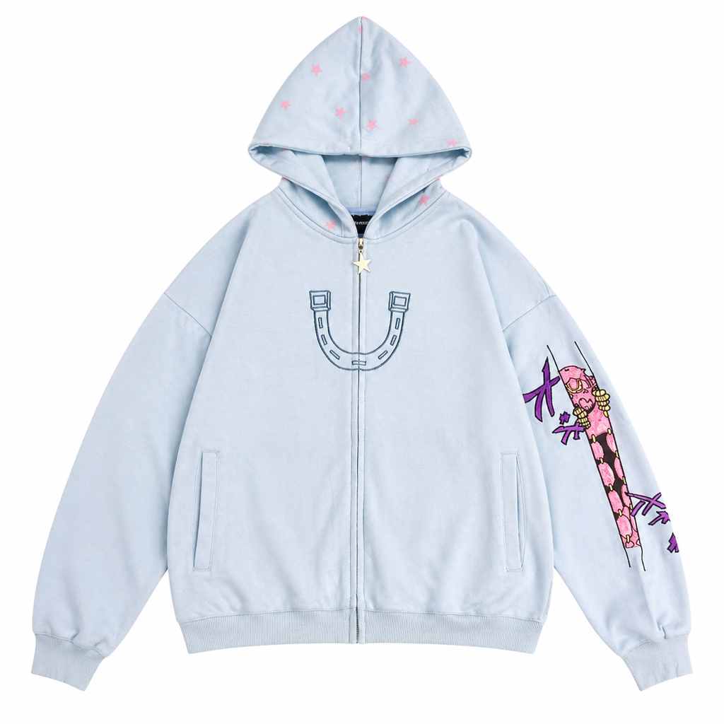 Grunge Light Blue Star-Print Zip-Up Hoodie